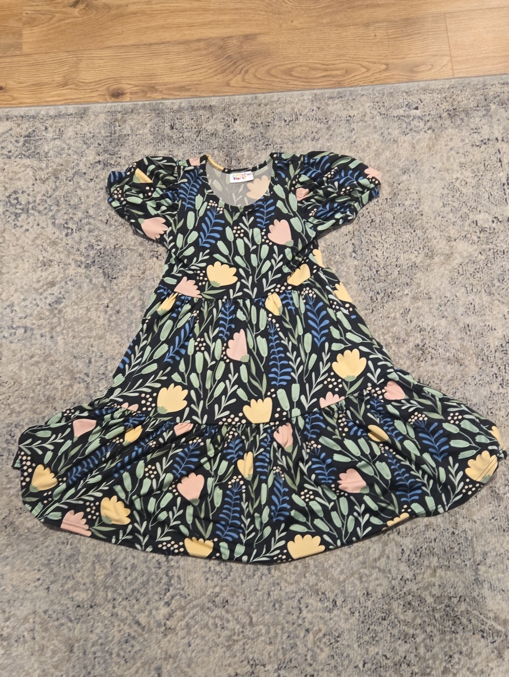 Black Floral Tiered Dress with Pastel Accents, Dot Dot Smile